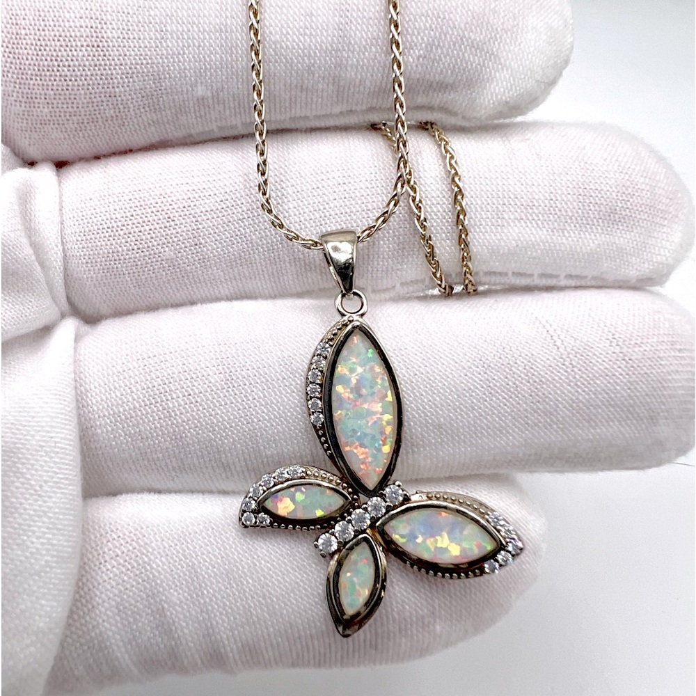 .925 Sterling Silver Lab Created Opal & Cz Butterfly Necklace - Picture 5 of 17